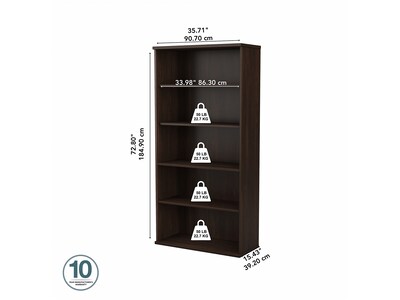 Bush Business Furniture Studio C 73H 5-Shelf Bookcase with Adjustable Shelves, Black Walnut Laminat