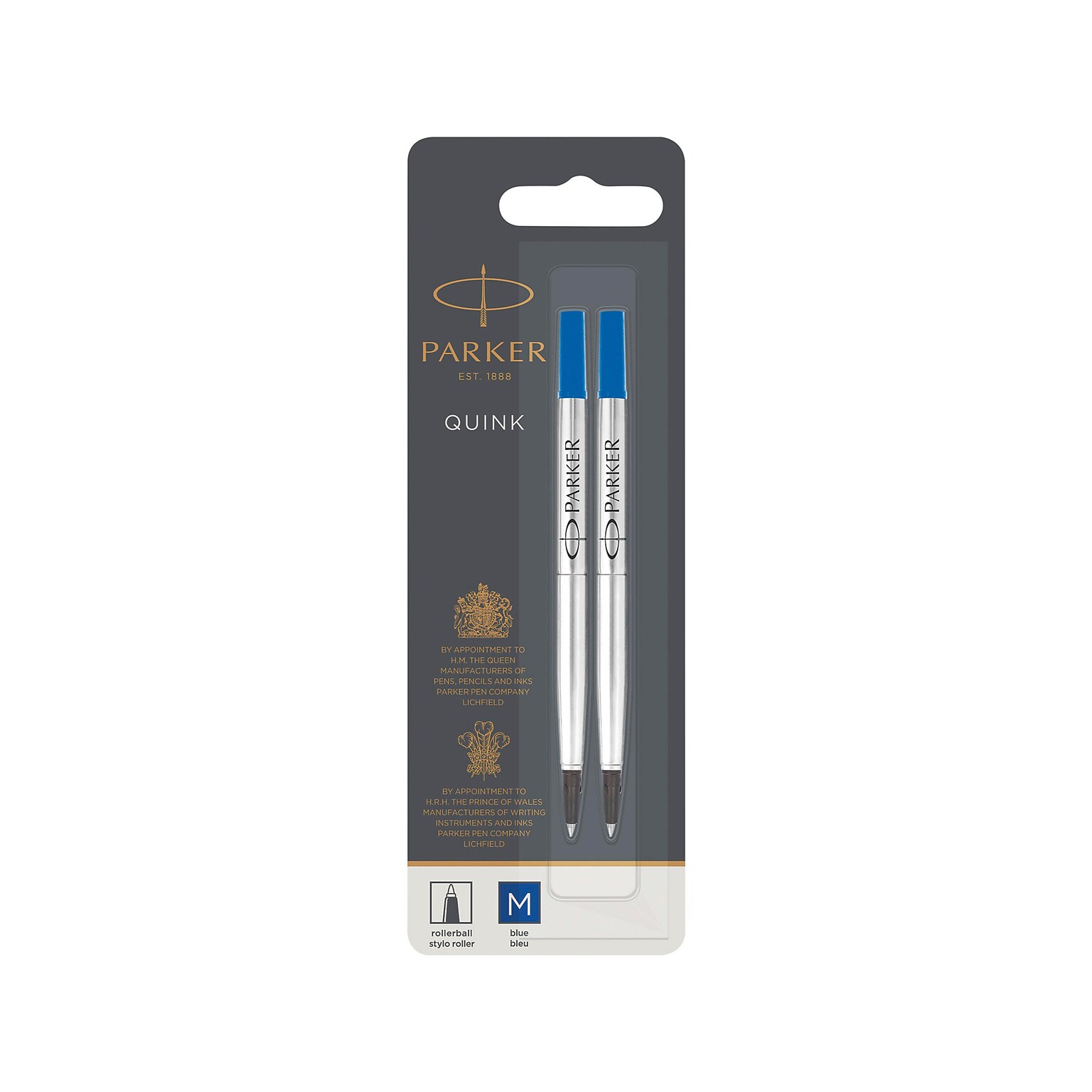 Parker Quink Rollerball Pen Refill, 0.7 mm, Medium Point, Blue Ink, 2/Pack (1950327)