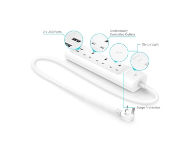 TP-LINK Kasa Smart 3-Outlet 2-USB Port Surge Protector, White (KP303)