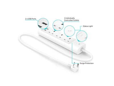 TP-LINK Kasa Smart 3-Outlet 2-USB Port Surge Protector, White (KP303)