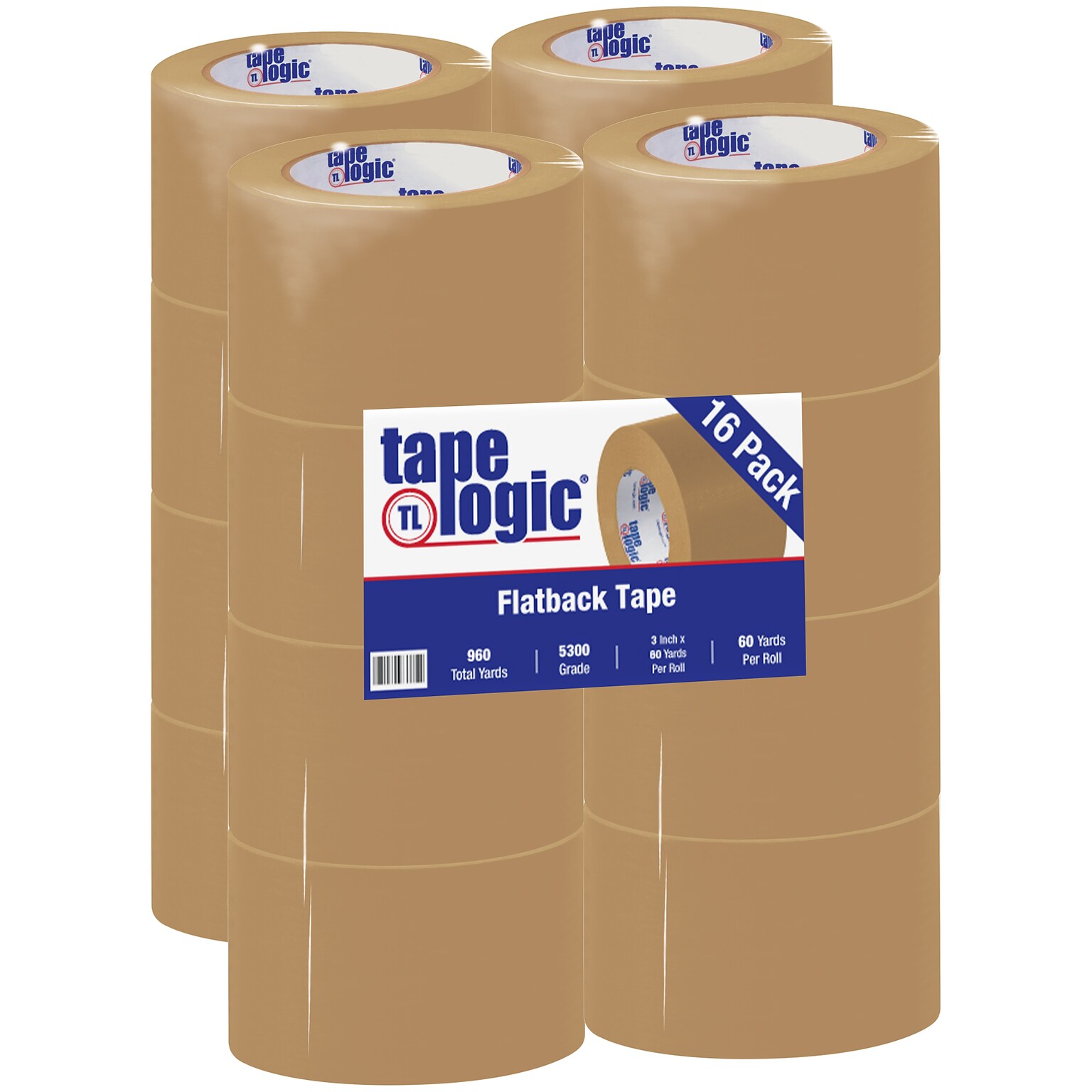 Tape Logic #5300 Flatback Packing Tape, 3 x 60 yds., Brown, 16/Carton