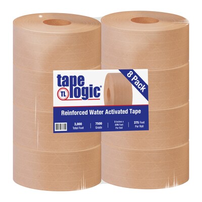 Tape Logic® #7500 Reinforced Water Activated Tape, 3" x 375', Kraft, 8/Case