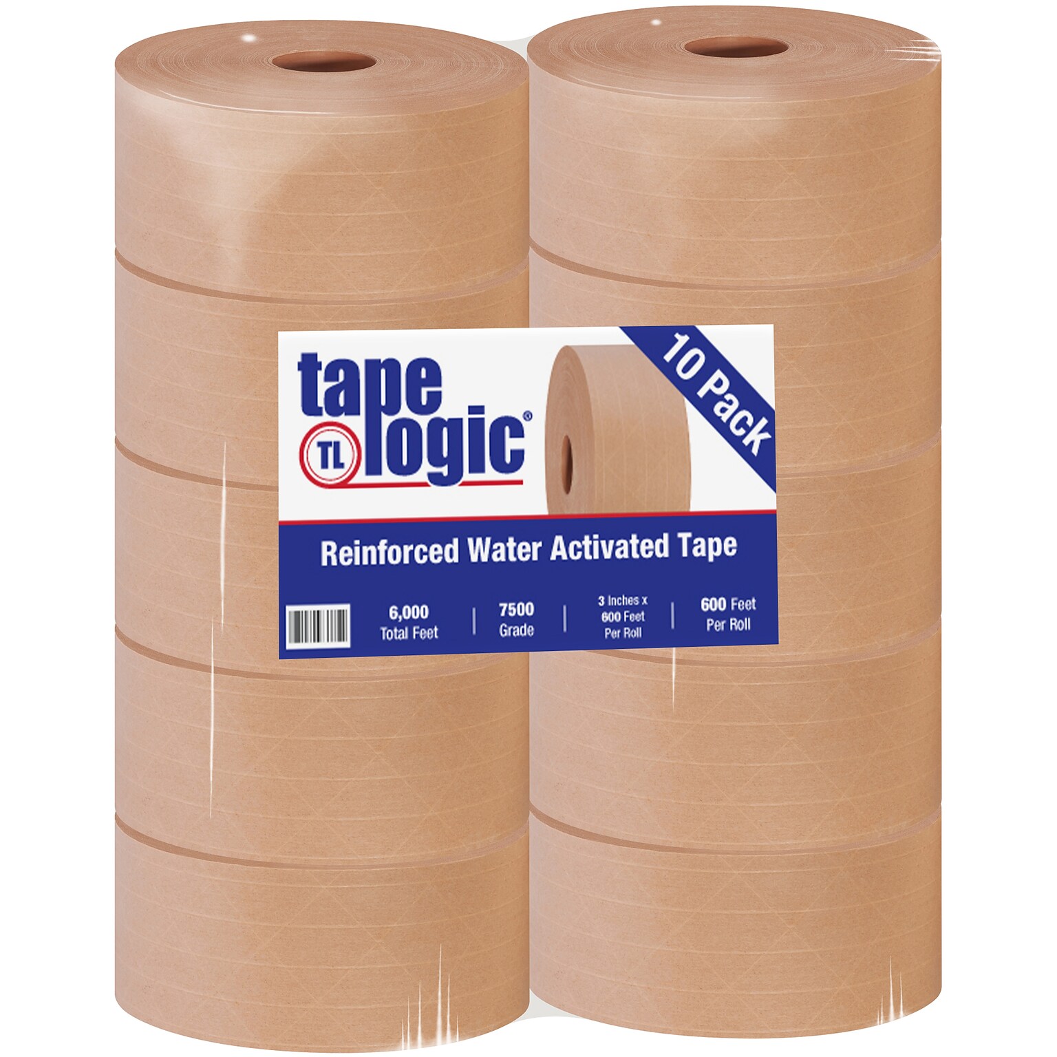 Tape Logic® #7500 Reinforced Water Activated Tape, 3 x 600, Kraft, 10/Case (T9087500)