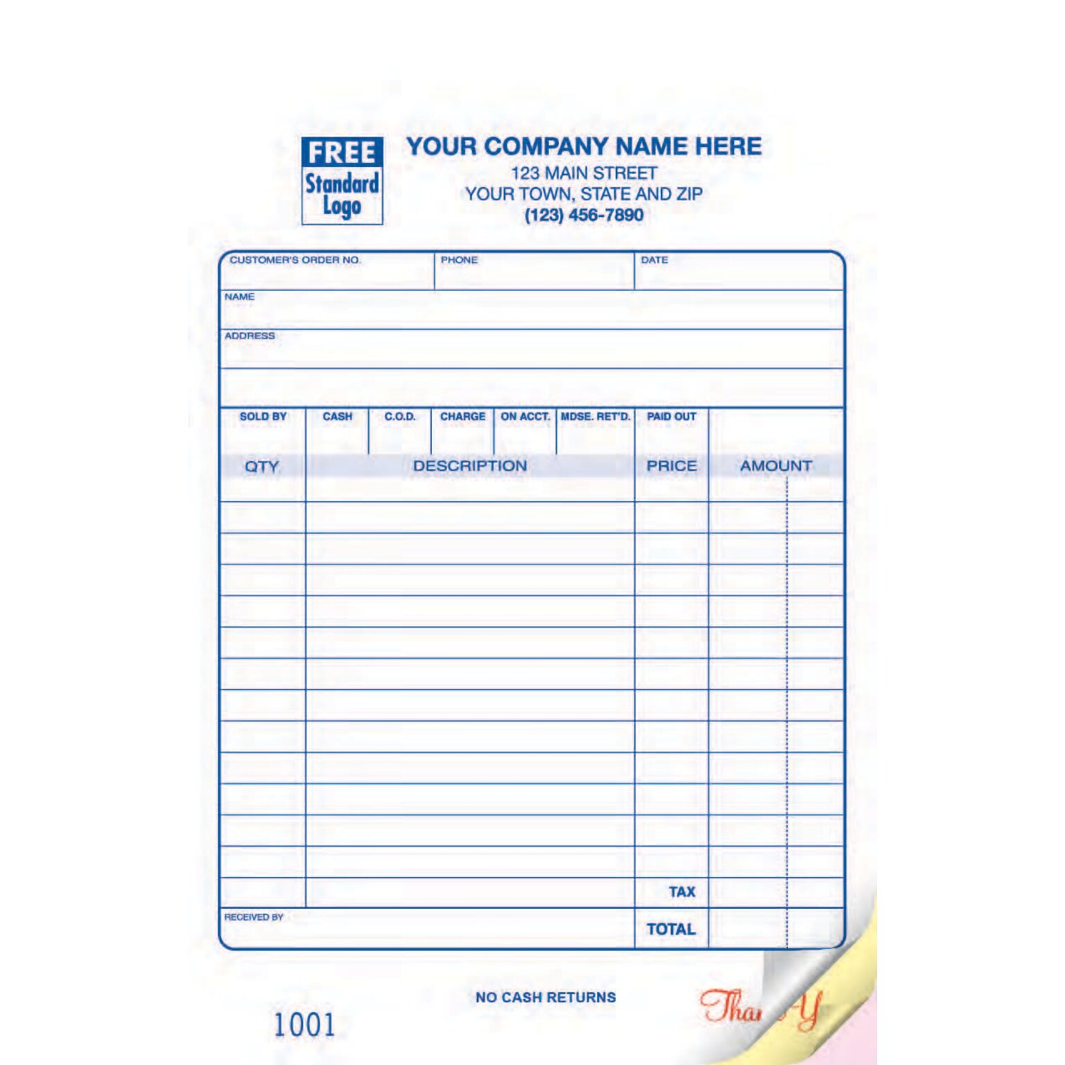 Custom Register Form, Classic Design, Large Format, NO CASH RETURNS, 2 Parts, 1 Color Printing, 5 1/2 x 8 1/2, 500/Pack