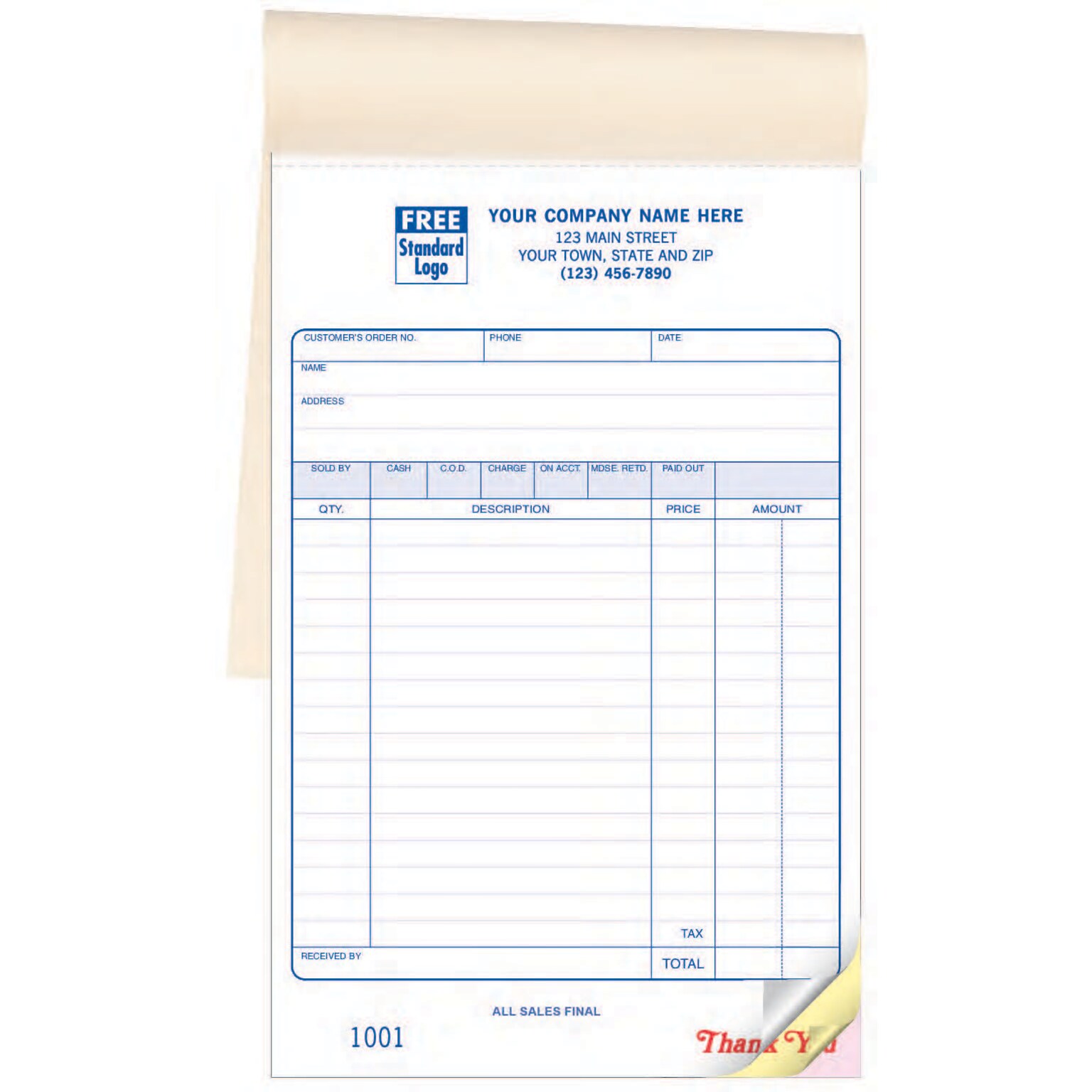Custom Retail Sales Book, Classic Design, ALL SALES FINAL, 3 Parts, 1 Color Printing, 5 1/2 x 8 1/2, 500/Pack