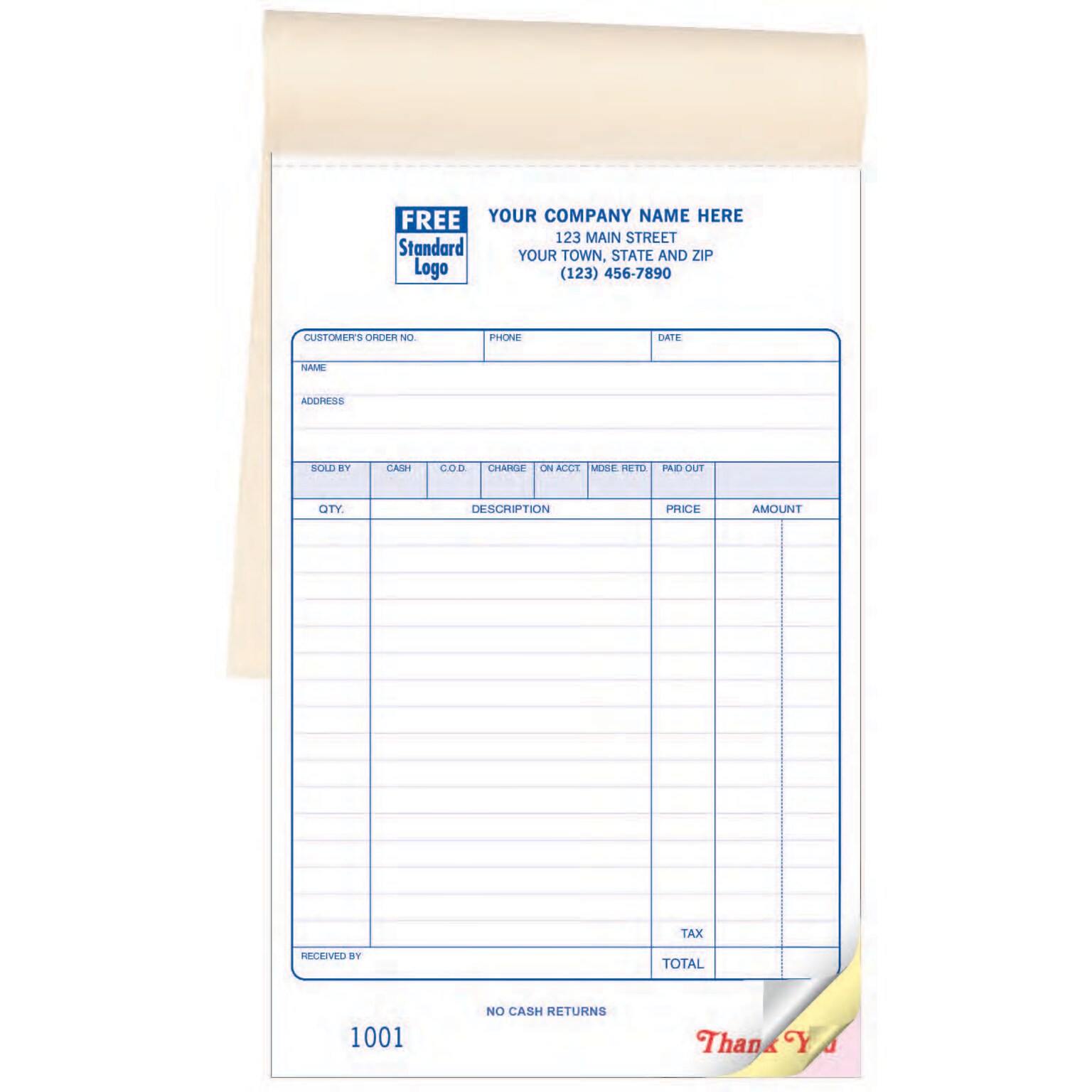 Custom Retail Sales Book, Classic Design, NO CASH RETURNS, 3 Parts, 1 Color Printing, 5 1/2 x 8 1/2, 500/Pack