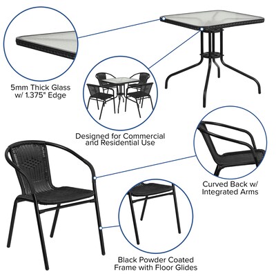 Flash Furniture Lila 28'' Square Table with 4 Rattan Stack Chairs, Black (TLH073SQ037BK4)
