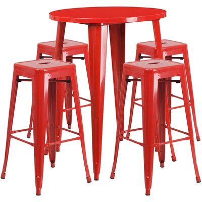 Flash Furniture Coby Indoor-Outdoor 30" Round Bar Table Set with 4 Backless Stools, Red (CH519BH430SQSRD)