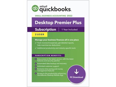 QuickBooks Desktop Premier Plus 2022 1-Year Subscription for 2 Users, Windows, Download (5100068)