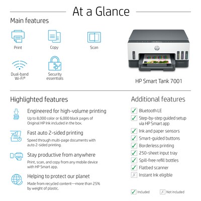 HP Smart Tank 7001 Wireless All-in-One Cartridge-free Ink Tank Inkjet Printer, Up to 2 Years of Ink Included (28B49A)