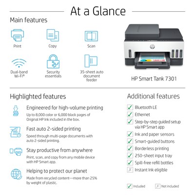 HP Smart Tank 7301 Inkjet Printer, All-in-One Supertank, Print/Copy/Scan (28B70A)