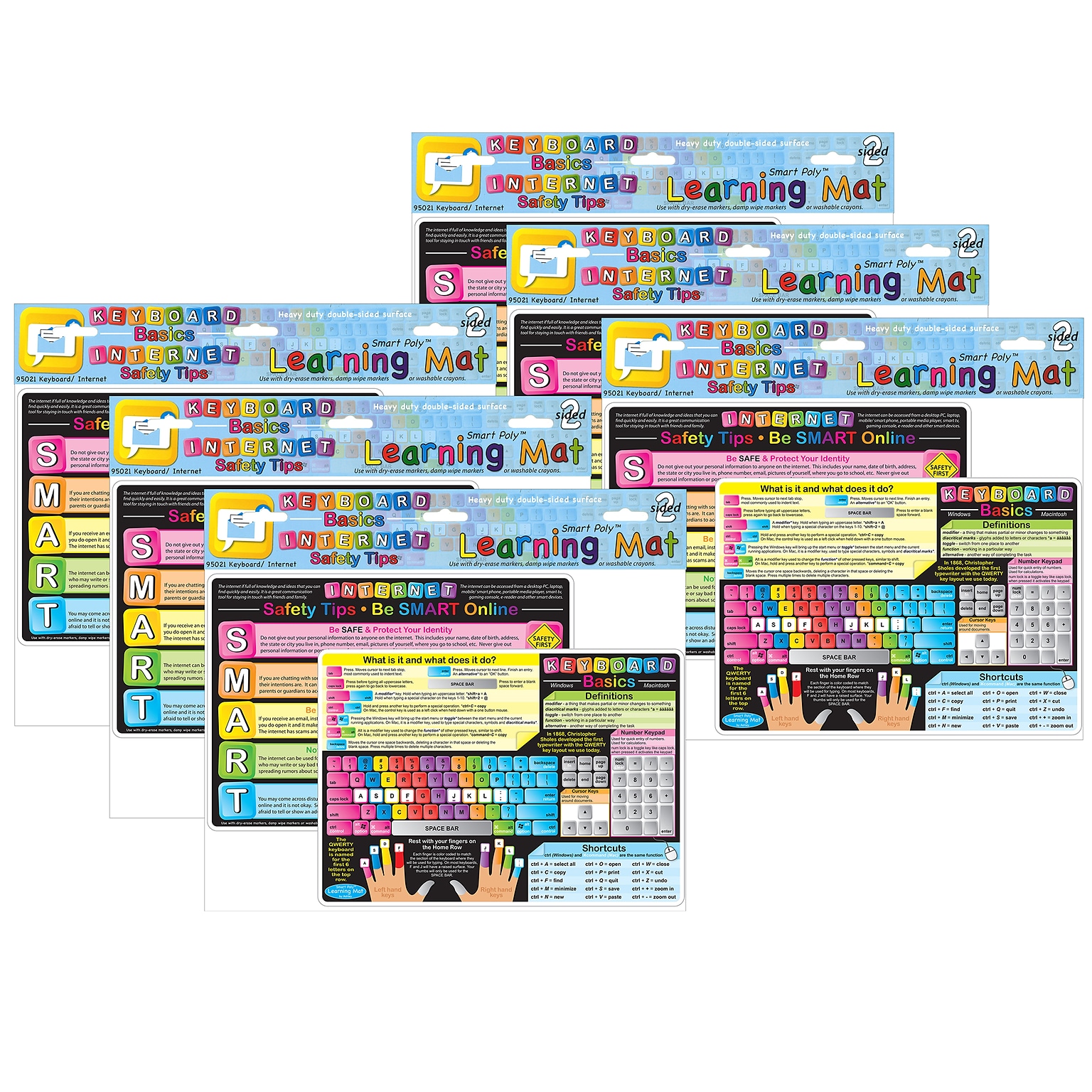 Ashley Smart Poly Learning Mat, 12 x 17, Double-Sided, Keyboard Basics & Internet Safety, Multicolor, 6/Pack (ASH95021-6)