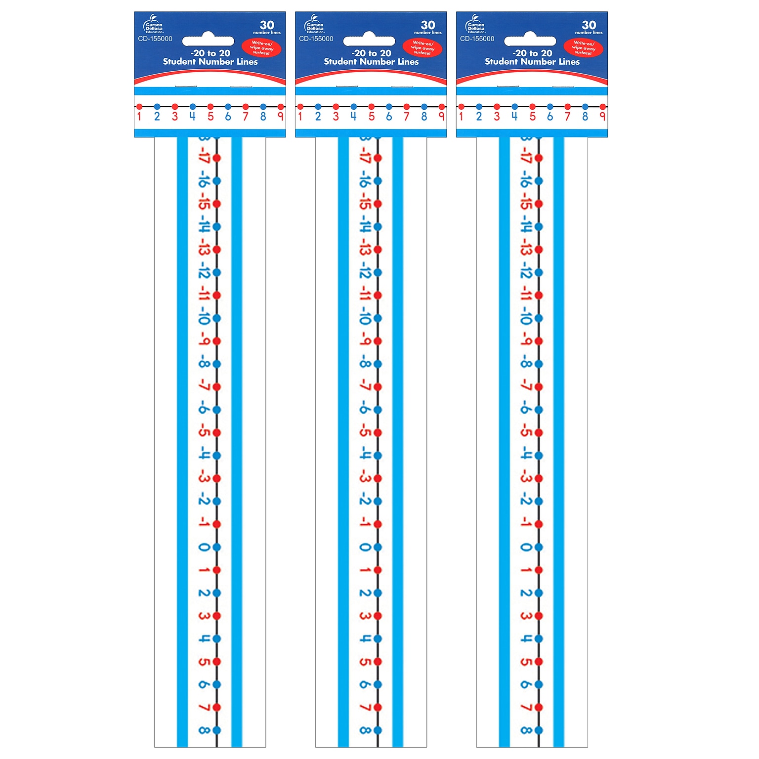 Carson-Dellosa Student Number Lines -20 to 20 Manipulative, Grade K-3, Red/Blue, 30/Pack, 3 Packs (CD-155000-3)