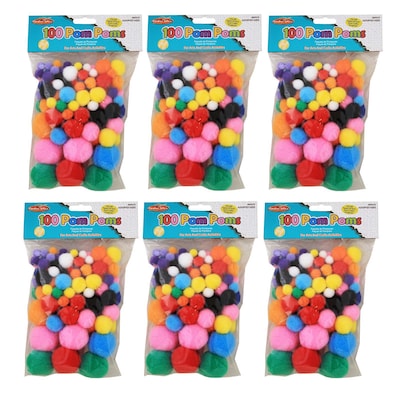 CLI Pom-Poms, Assorted Sizes/Colors, 100/Bag, 6 Bags (CHL69310-6)