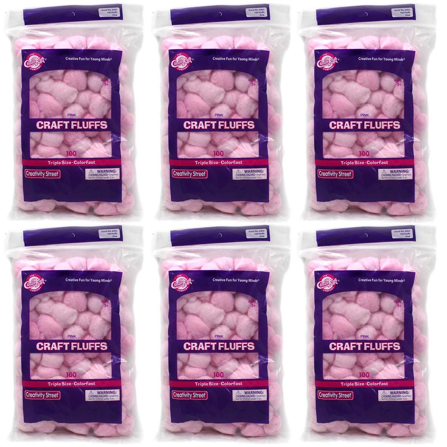 Creativity Street Triple Size Craft Fluffs, Pink, Approx. 1, 100 Pieces/Pack, 6 Packs (CK-6402-6)