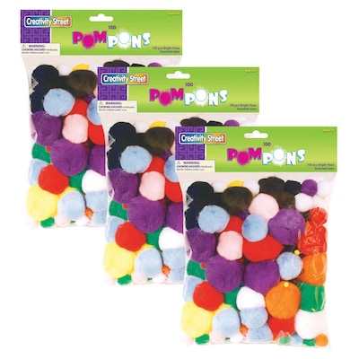 Creativity Street Pom Pons, Bright Hues, Assorted Sizes, 100 Pieces/Pack, 3 Packs (CK-811201-3)