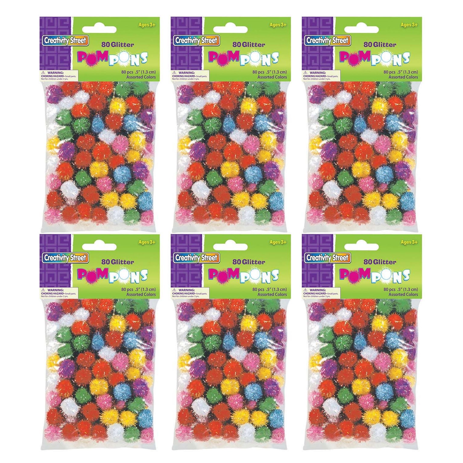 Pacon Creativity Street 1/2 Glitter Pom Pons, Assorted Colors, 80/Pack, 6 Packs (CK-811601-6)