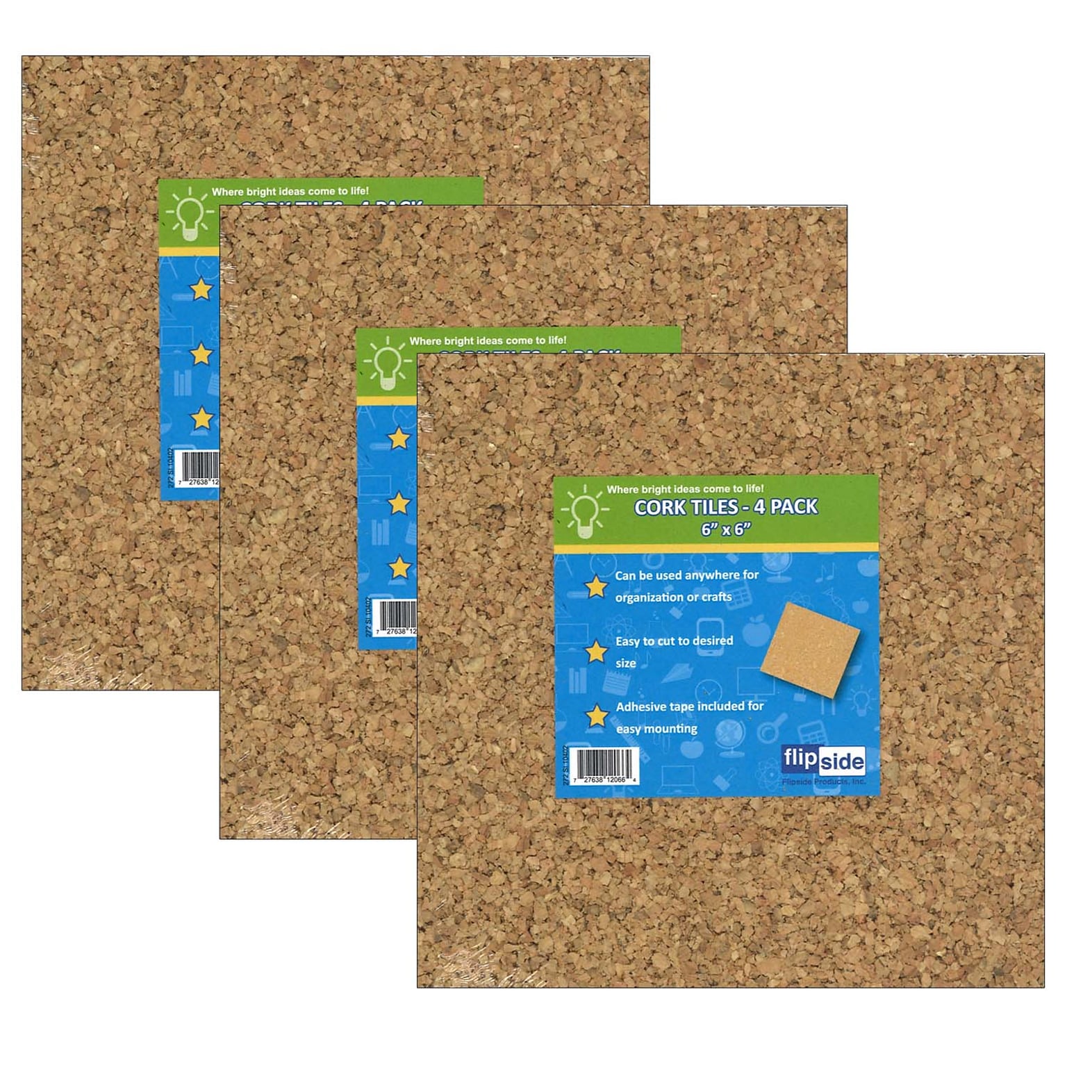 Flipside Natural Cork Tiles, 6 x 6, 4 Per Pack, 3 Packs  (FLP12066-3)