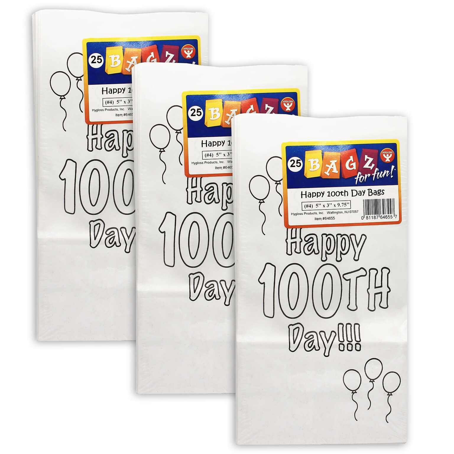 Hygloss Happy 100th Day Paper Bags, 25/Pack, 3 Packs (HYG64655-3)