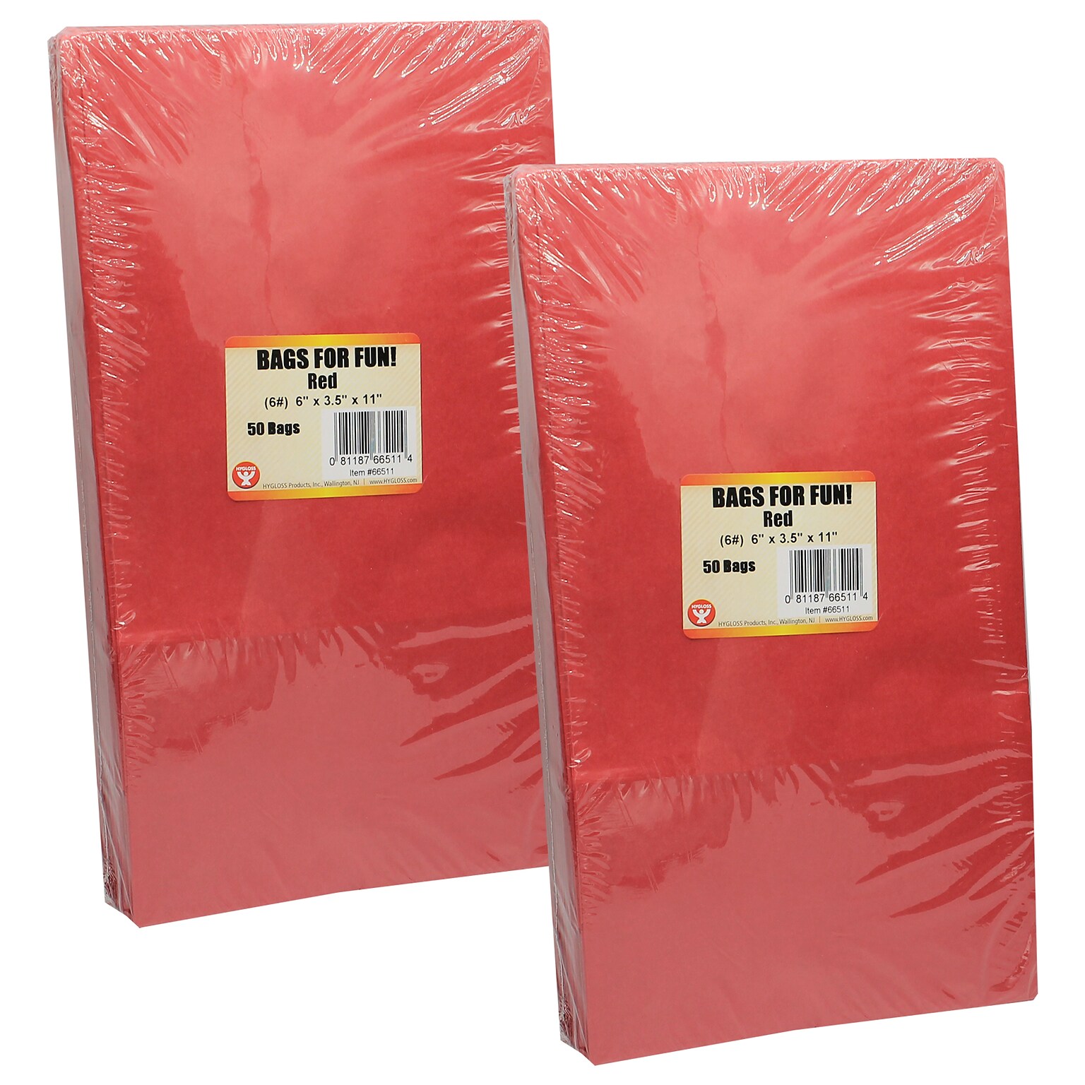 Hygloss Size #6 Gusseted Paper Bags, Red, 50/Pack, 2 Packs (HYG66511-2)
