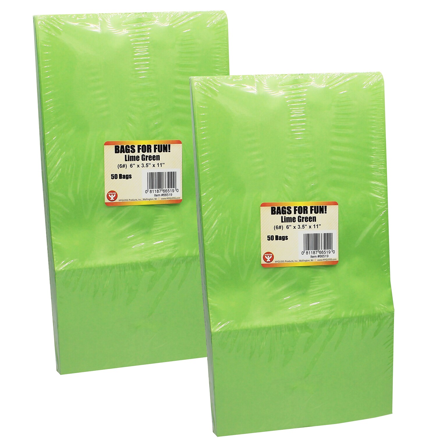 Hygloss Gusseted Paper Bags, #6 (6 x 3.5 x 11), Lime Green, 50/Pack, 2 Packs (HYG66519-2)