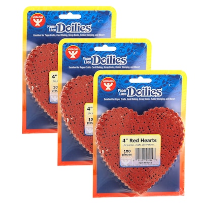 Hygloss Heart Doilies, Red, 4, 100/Pack, 3 Packs (HYG91044-3)
