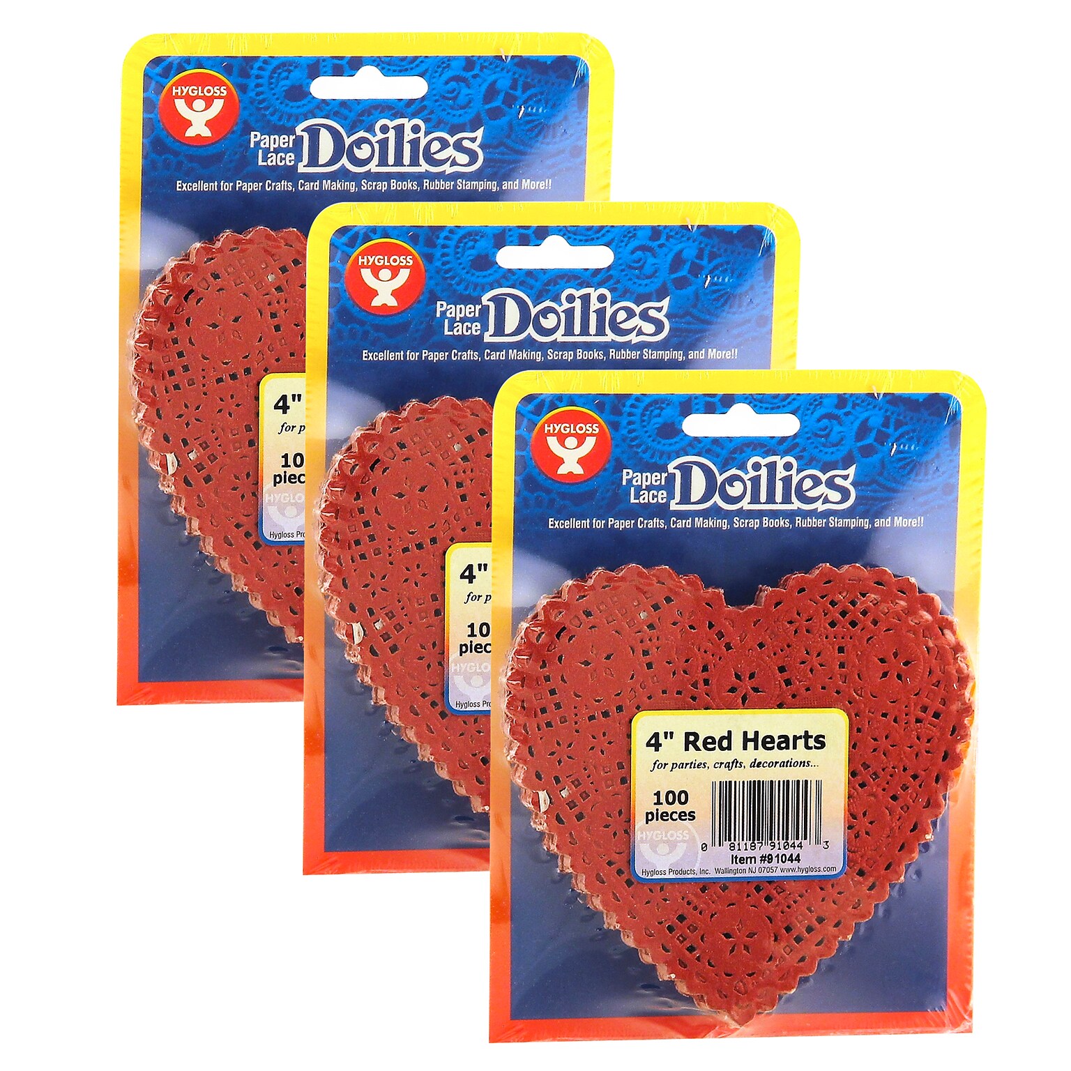 Hygloss Heart Doilies, Red, 4, 100/Pack, 3 Packs (HYG91044-3)