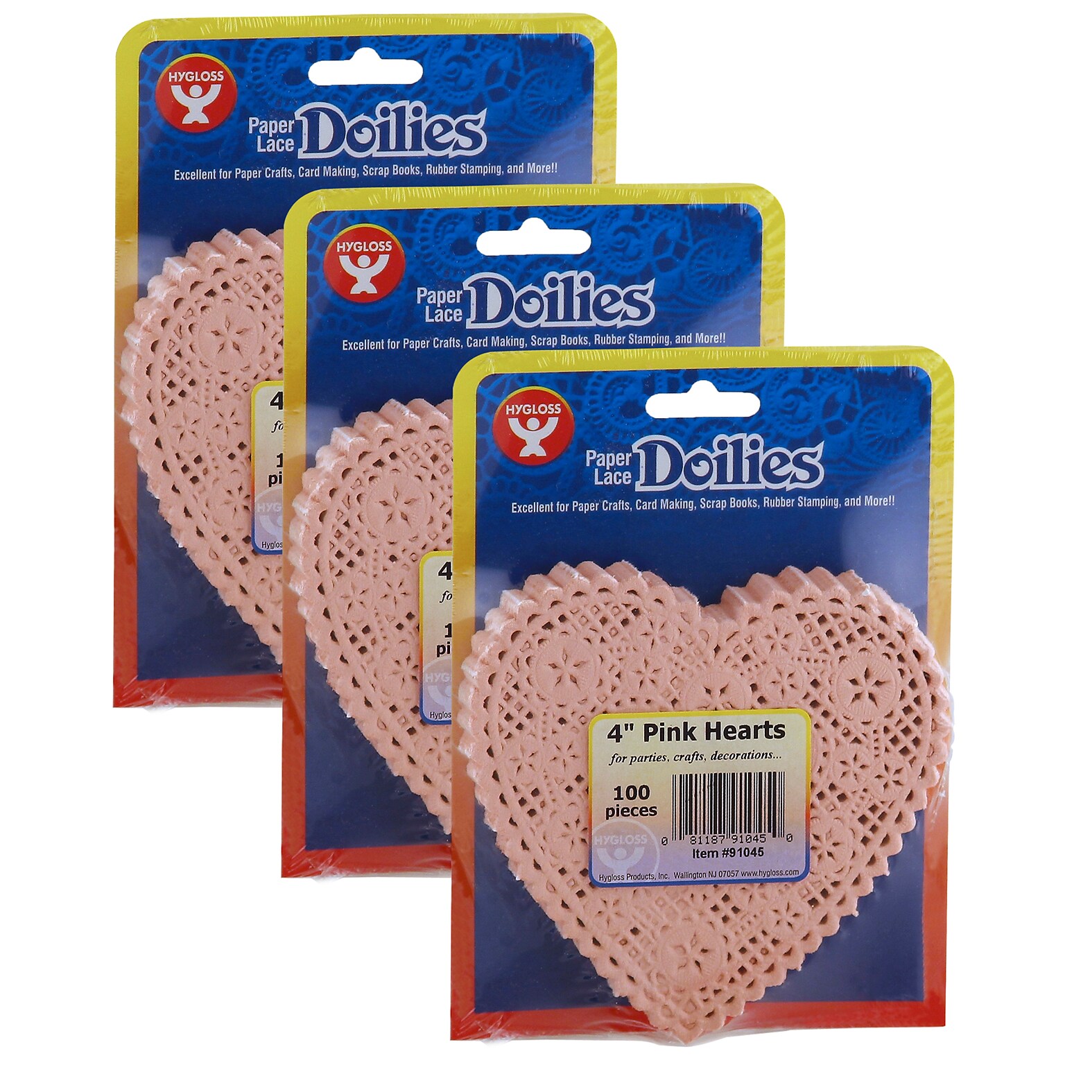 Hygloss Heart Doilies, Pink, 4, 100/Pack, 3 Packs (HYG91045-3)