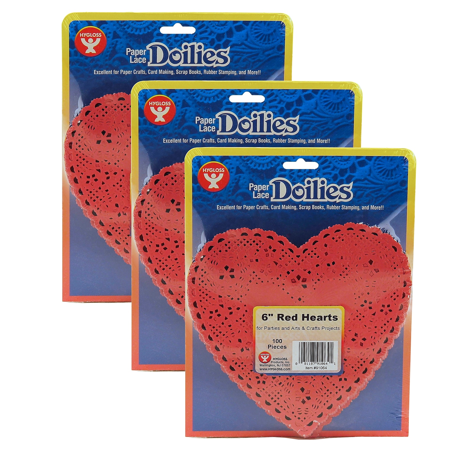 Hygloss Heart Doilies, Red, 6, 100/Pack, 3 Packs (HYG91064-3)