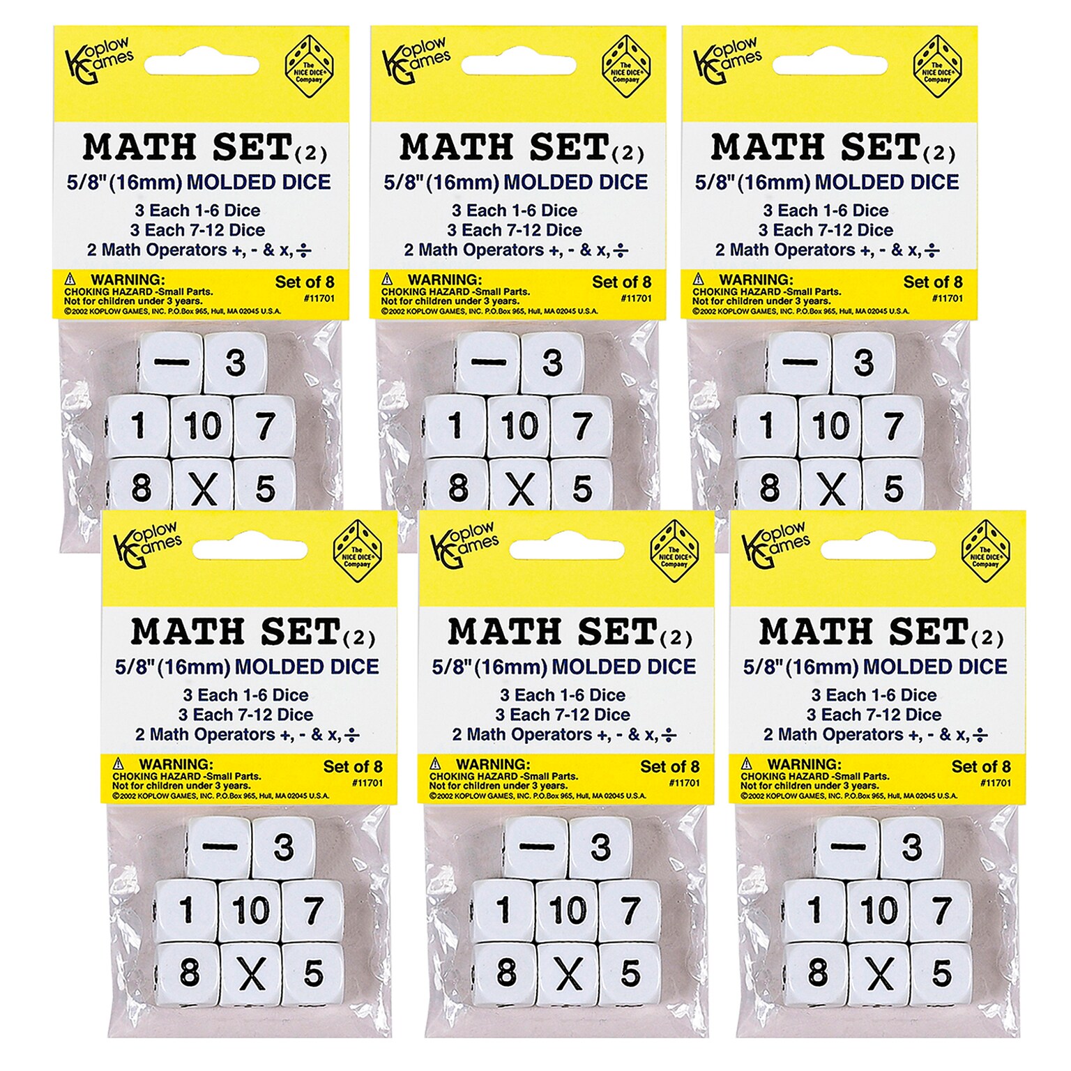 Koplow Games Whole Number Dice Set, 8 Per Pack, 6 Packs (KOP11701-6)