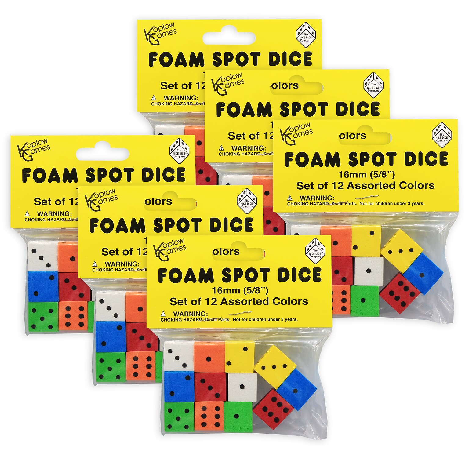 Koplow Games Assorted Color Spot Foam Dice, 12/Pack, 6 Packs/Bundle (KOP17332-6)