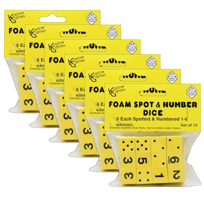 Koplow Spot & Number Foam Dice, 16mm, Yellow, 12/Pack, 6 Packs (KOP17338-6)