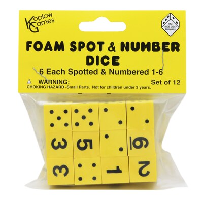 Koplow Spot & Number Foam Dice, 16mm, Yellow, 12/Pack, 6 Packs (KOP17338-6)