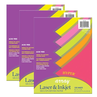 Pacon Hyper Computer Paper, 8.5 x 11, 5 Assorted Colors, 100 Sheets/Pack, 3 Packs (PAC101155-3)