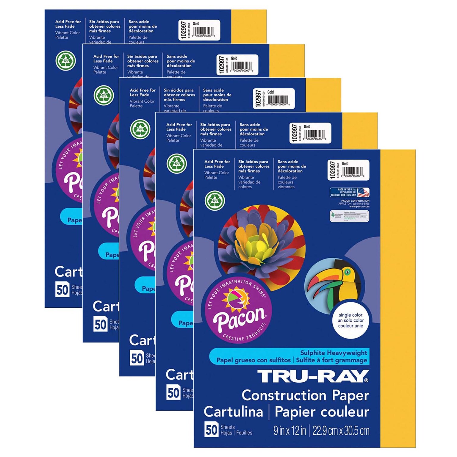 Tru-Ray® Construction Paper, Gold, 9 x 12, 50 Sheets Per Pack, 5 Packs (PAC102997-5)