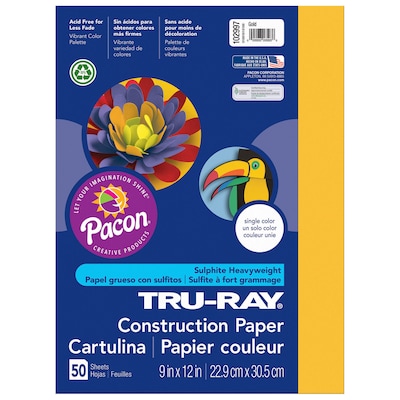 Tru-Ray® Construction Paper, Gold, 9 x 12, 50 Sheets Per Pack, 5 Packs (PAC102997-5)