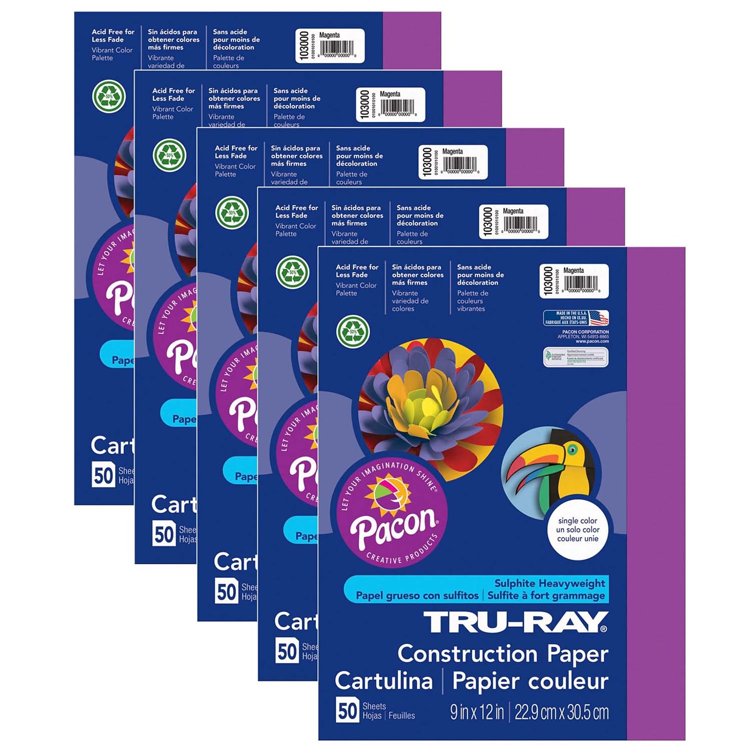 Pacon Tru-Ray 9 x 12 Construction Paper, Magenta, 50 Sheets/Pack, 5 Packs (PAC103000-5)