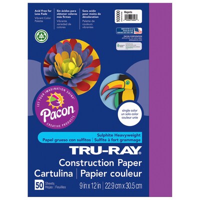 Pacon Tru-Ray 9 x 12 Construction Paper, Magenta, 50 Sheets/Pack, 5 Packs (PAC103000-5)