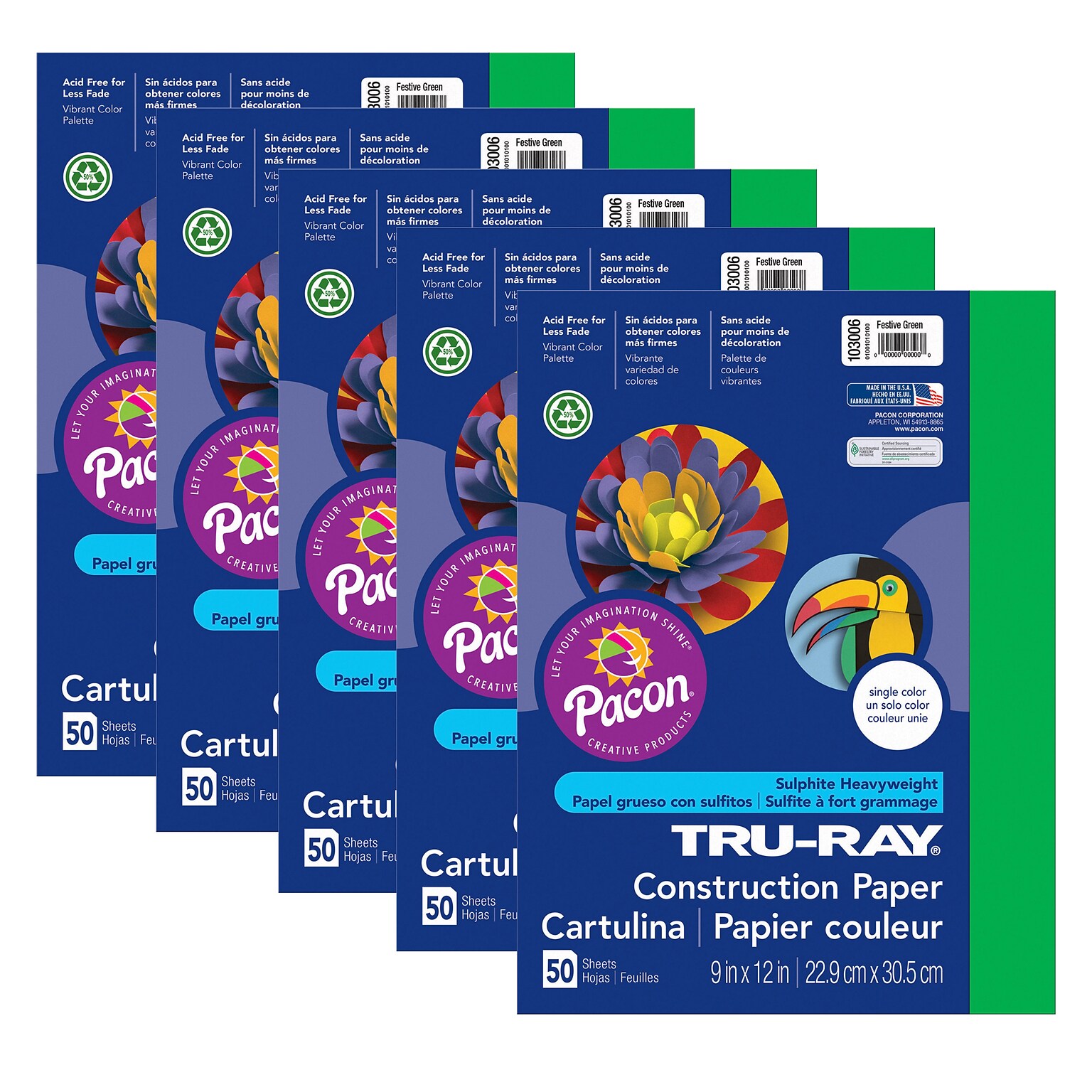 Pacon Tru-Ray 9 x 12 Construction Paper, Festive Green, 50 Sheets/Pack, 5 Packs (PAC103006-5)