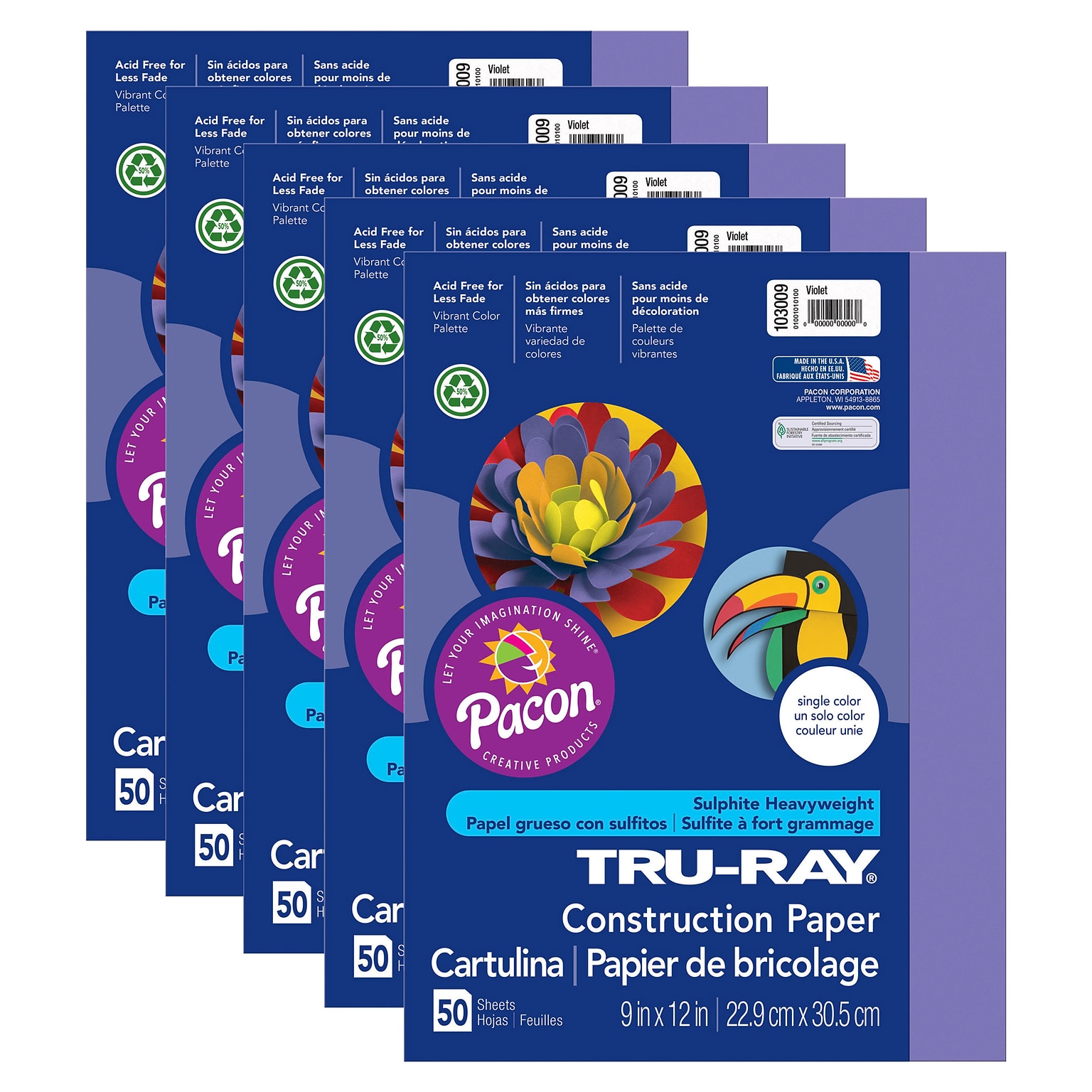 Pacon Tru-Ray 9 x 12 Construction Paper, Violet, 50 Sheets/Pack, 5 Packs (PAC103009-5)