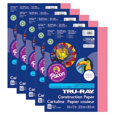 Pacon Tru-Ray 9 x 12 Construction Paper, Shocking Pink, 50 Sheets/Pack, 5 Packs (PAC103013-5)