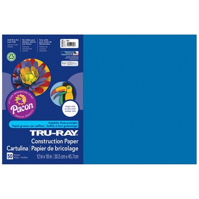Pacon Tru-Ray 12" x 18" Construction Paper, Blue, 50 Sheets/Pack, 5 Packs (PAC103054-5)