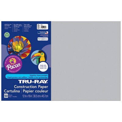 Tru-Ray® Construction Paper, Gray, 12 x 18, 50 Sheets Per Pack, 5 Packs (PAC103059-5)