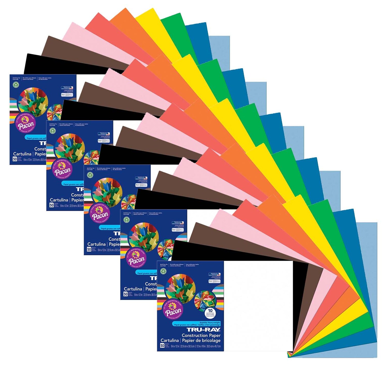 Pacon Tru-Ray 12 x 18 Construction Paper, Standard Assorted Colors, 50 Sheets/Pack, 5 Packs (PAC103063-5)