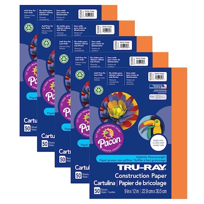 Tru-Ray® Construction Paper, Electric Orange, 9" x 12", 50 Sheets Per Pack, 5 Packs (PAC103404-5)