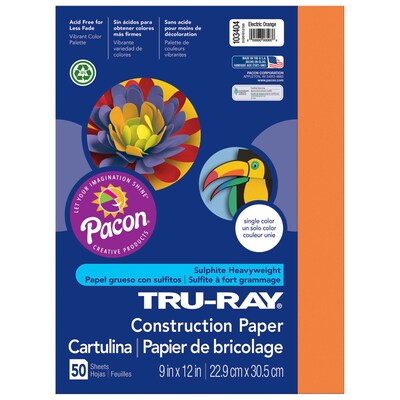 Tru-Ray® Construction Paper, Electric Orange, 9" x 12", 50 Sheets Per Pack, 5 Packs (PAC103404-5)
