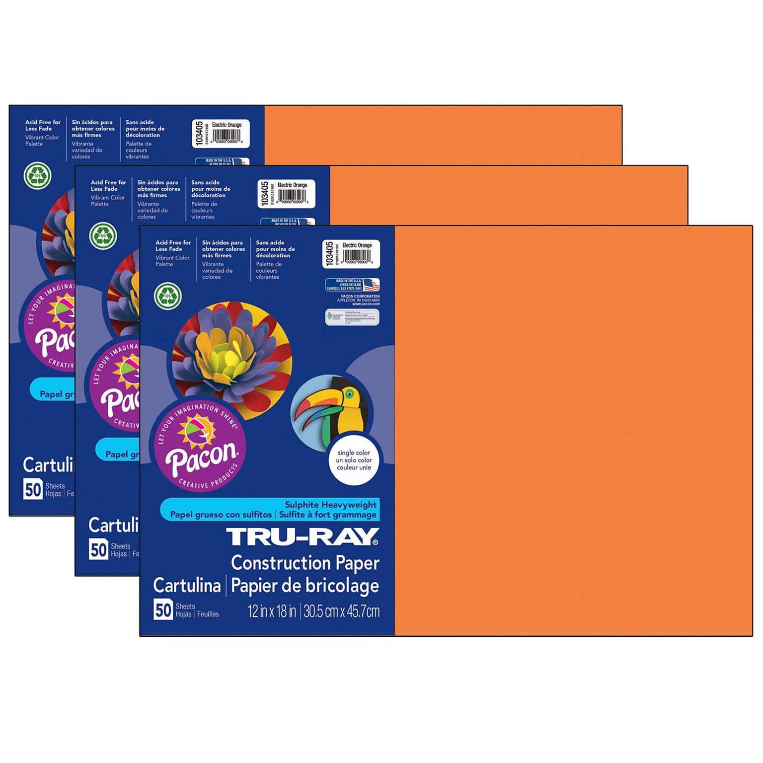Pacon Tru-Ray 12 x 18 Construction Paper, Electric Orange, 50 Sheets/Pack, 3 Packs/Bundle (PAC103405-3)