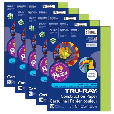 Pacon Tru-Ray 9 x 12 Construction Paper, Brilliant Lime, 50 Sheets/Pack, 5 Packs (PAC103423-5)