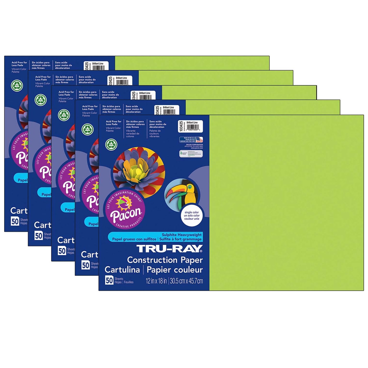 Pacon Tru-Ray 12 x 18 Construction Paper, Brilliant Lime, 50 Sheets/Pack, 5 Packs (PAC103425-5)