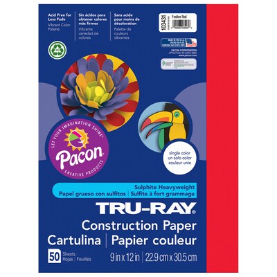 Tru-Ray® Construction Paper, Festive Red, 9" x 12", 50 Sheets Per Pack, 5 Packs (PAC103431-5)